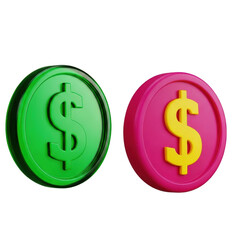 Obraz premium 3d icon of two colorful coins with dollar signs, isolated on transparent background
