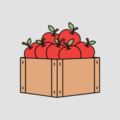 Wooden crate filled with fresh red apples and green leaves, flat vector illustration on light gray background, harvest concept