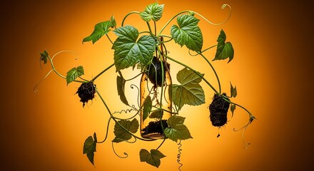 Vibrant Green Vine with Dark Tendrils Bathed in Luminous Orange Glow, Organic Botanical Art.