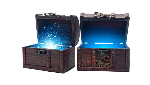  Pair of vintage treasure chests emitting glowing sparkles isolated on transparent background