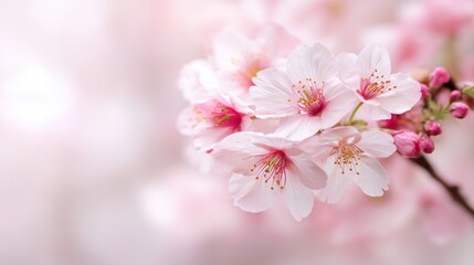 Fototapeta premium Soft pink cherry blossoms bloom delicately, embodying the beauty of spring with a gentle, serene background, blurred pink flowers