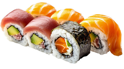 Sushi rolls filled with fresh tuna, vibrant salmon, and creamy avocado    /PNG transparent file/