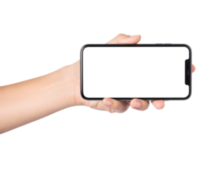 Human hand holding a blank black screen smartphone in horizontal orientation close up isolated on transparent background