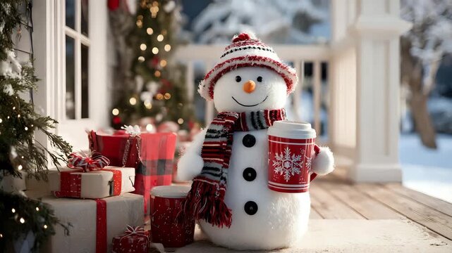 Snowman on front porch holding an oversized holiday mug with snowflake pattern, winter garland and wrapped gifts nearby