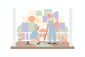 Senior couple painting patio floor happy doing home improvement together Active lifestyle