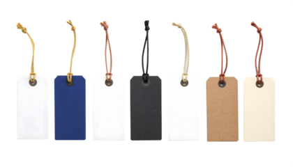 Collection of blank paper and cardboard tags with different colored cords and strings isolated on transparent background