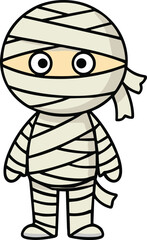 Halloween mummy cartoon illustration, spooky festive character artwork, ancient bandage monster design, seasonal costume drawing, creepy holiday decoration vector graphic