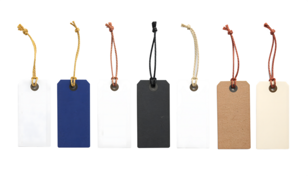 Collection of blank paper and cardboard tags with different colored cords and strings isolated on transparent background