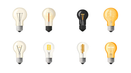 Diverse Light Bulb Icon Set Featuring LED and Incandescent Types in a Minimalist Style