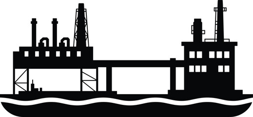 Fototapeta premium Industrial cityscape silhouette with bridge and smokestacks over river, black and white vector illustration representing power plant and urban architecture