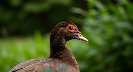 Close-up of a brown bird with a red eye and beak, partially obscured by green foliage