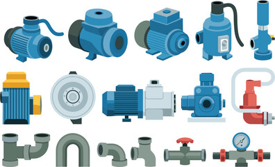Industrial water pumps, electric motors, plumbing pipes and pressure gauge collection, mechanical engineering equipment illustration