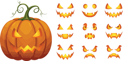 Halloween pumpkin carving faces, spooky jack o lantern expressions, scary carved pumpkin vector, festive Halloween decoration design, cad drawing flat vector illustration