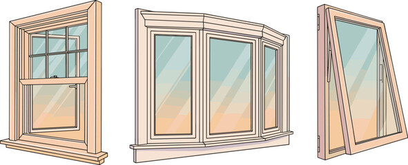 Architectural Window Styles Illustration: Casement, Bay, and Sash Designs for Home Renovation, New Construction Projects - Ideal for Architecture Firms, Interior Design, Real Estate Marketing Material