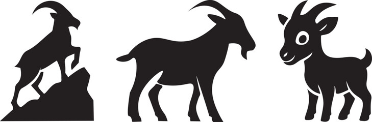 Set of goat silhouettes, featuring a climbing goat, a standing goat, and a baby goat, isolated on transparent background
