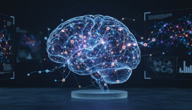 Futuristic digital brain with neural connections and data visualization.