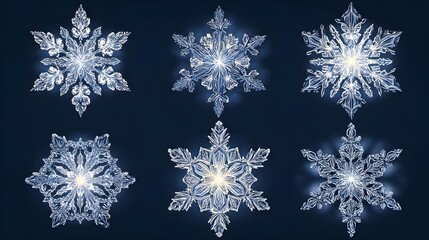 Six delicate ice crystals in a hexagonal star pattern adorn a dark background.
