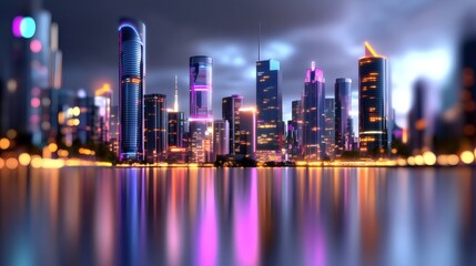 Fototapeta premium Futuristic neon cityscape at night, glowing cyberpunk landscape
