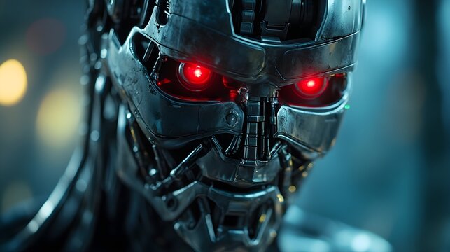 Close-up of a futuristic robot with glowing red eyes, cinematic lighting