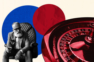 Exclusive 3d full image photo collage of serious old man hold alcohol glass sit roulette table combination joker winning bet