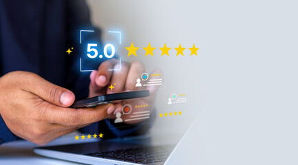 Customer satisfaction and feedback concept, smiling face icon and five-star ratings, representing positive review, client excellent experience, online service quality, brand trust and user engagement