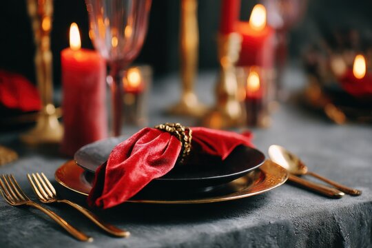 Elegant holiday table setting featuring crimson velvet napkin, black plate, golden cutlery, and glowing candles creating a warm festive atmosphere for celebrations and gatherings