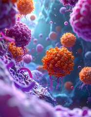 Colorful depiction of cells, possibly microscopic, with varying shades