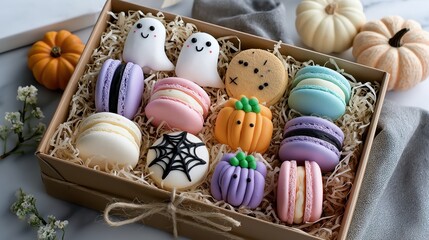 Colorful Halloween-themed macarons in a gift box decorated as ghosts, pumpkins, and spider webs