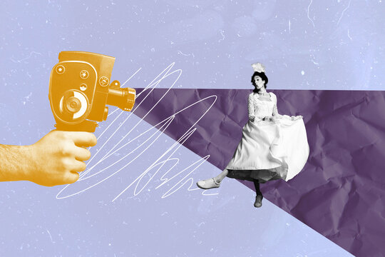 Collage composite sketch of journalist cam content photo video record young lady actress style dress historical opulence elegance dance