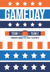 Game Day. American football playoff. Super Party in United States. Final game of regular season. Professional team championship. Ball for american football. Sport poster. Vector illustration