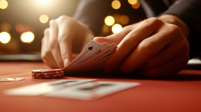 Close-up of hands holding playing cards at a poker table. Chips are stacked nearby as the player carefully examines their hand in a high-stakes game; illuminated by warm, ambient lighting.