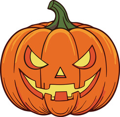 Halloween pumpkin illustration, spooky jack o lantern design, scary carved face vector artwork, festive Halloween decoration, cad drawing flat vector illustration