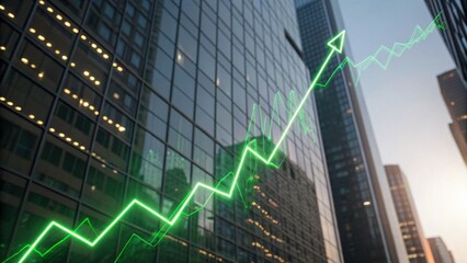 A dynamic cityscape featuring tall glass buildings with a green graph overlay, symbolizing growth and financial success.