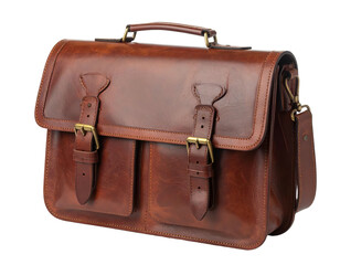 A brown leather satchel with dual compartments, buckles, and a handle