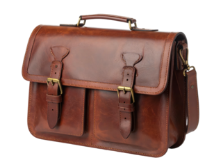A brown leather satchel with dual compartments, buckles, and a handle