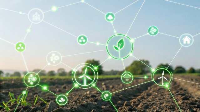 A digital landscape showcasing sustainable agriculture with green icons representing nature, technology, and eco-friendly practices.