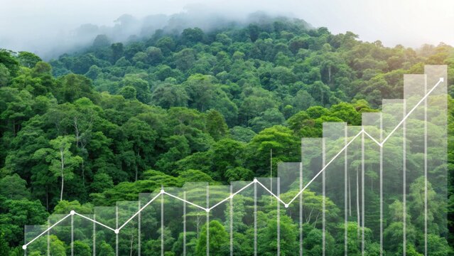 A lush green forest background with a transparent growth chart overlay, symbolizing environmental progress and sustainability.