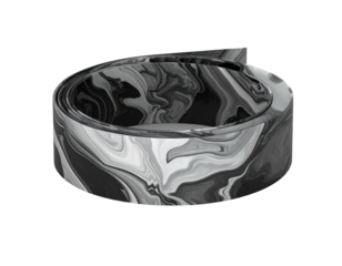 A close-up of a marbled, swirled grayscale band unfurling in a spiral