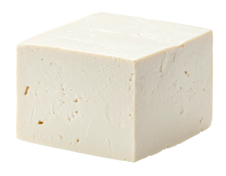 A close-up studio shot of a raw, rectangular block of off-white, textured food