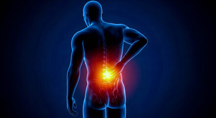 Male human figure with glowing spine and lower back pain. Medically accurate anatomical illustration portraying skeletal and muscle discomfort in a man.
