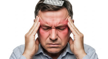 Caucasian man experiencing severe headache or migraine with pain shown by red color. Health problem, pain relief concept with medical drug.