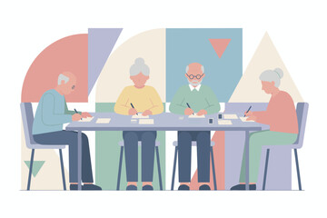 Seniors writing letters together at a table fostering communication and social connection