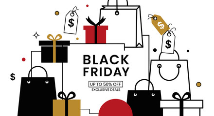 Black Friday Sale 50 off deals shopping bags and gifts vector illustration