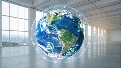 A digital globe illustrates global connectivity, surrounded by icons representing sustainability, set in a modern, empty interior space.
