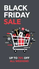 Black Friday Sale graphic with shopping cart gifts and currency symbols for discounts and promotions