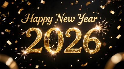 Champagne gold Happy New Year 2026 on dark black background sparkles and confetti cinematic elegance 16_9 format