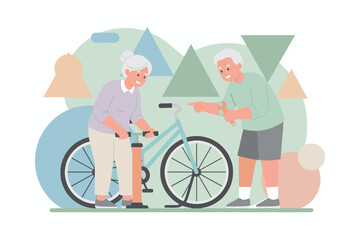 Elderly couple happily repairing a bicycle together promoting active and healthy lifestyle