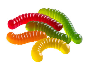 A colorful assortment of gelatinous worm-shaped candies with a black backdrop