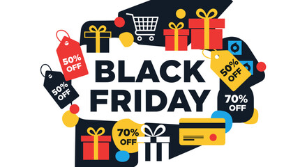 Black Friday sale banner with discounts gifts and shopping icons on white background
