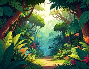 Colorful illustration of a lush tropical jungle path leading into the distance